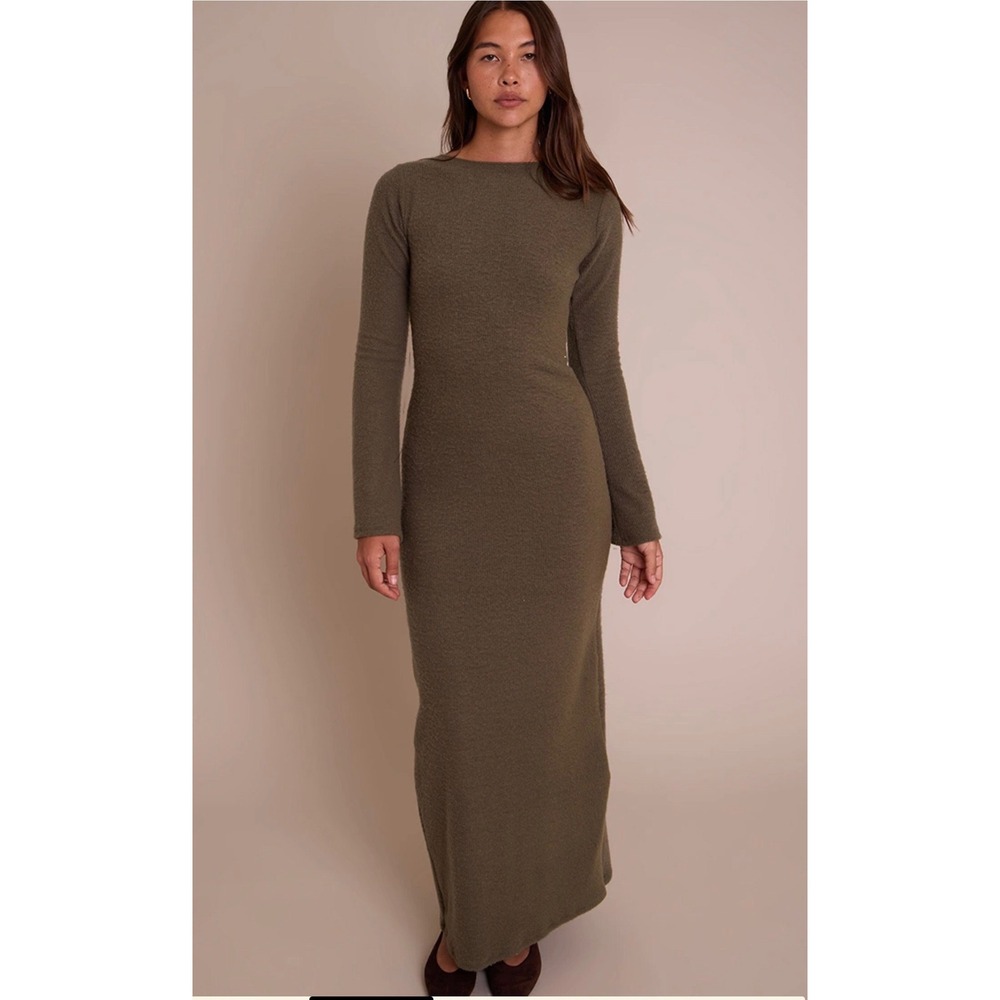 PrettyLittleThing Green Brushed Rib Open Back Tie Detail Maxi Dress US 4 NWT